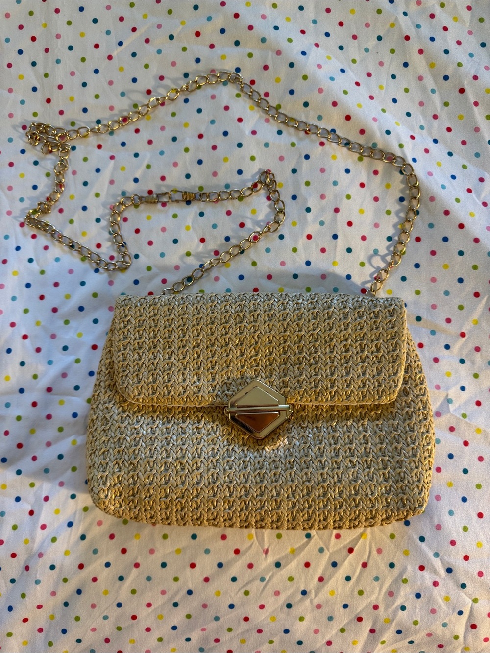 Woven Straw Crossbody Bag with Removable Gold Chain EUC